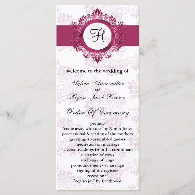pink monogram Wedding program (Front)