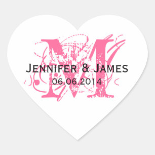 Pink Monogram Wedding Stickers Heart Shape