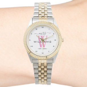 Pink Monogram Wife Bride Mrs Wedding Anniversary Watch