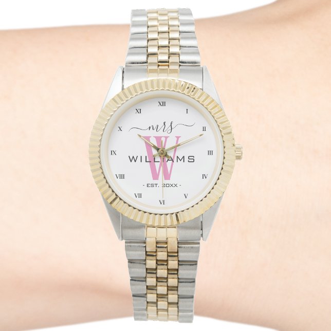 Pink Monogram Wife Bride Mrs Wedding Anniversary Watch (mrs wife monogram roman numeral two tone watch)