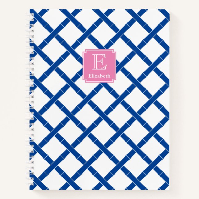 Pink Monogram With Blue And White Bamboo Trellis Notebook (Front)