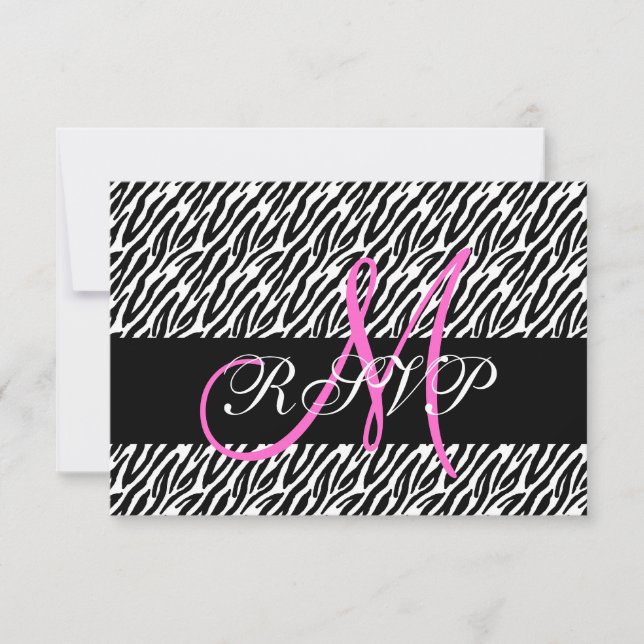 Pink Monogram Zebra Print Wedding RSVP Card (Front)