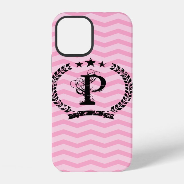 Pink monogrammed chevron pattern iPhone 12 case (Back)