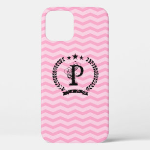 Pink monogrammed chevron pattern iPhone 12 case