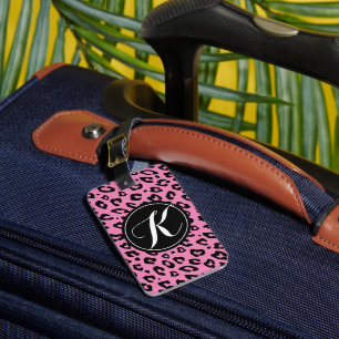Pink monogrammed leopard print luggage tag