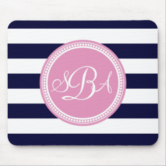 Pink Monogrammed Navy Blue Stripe Personalised Mouse Pad