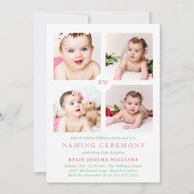 Pink Monogrammed Photo Collage Naming Ceremony Holiday Card (Front)