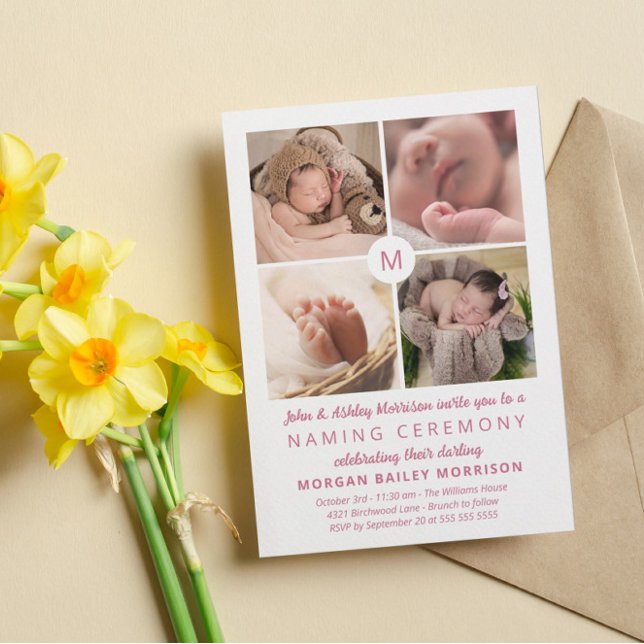 Pink Monogrammed Photo Collage Naming Ceremony Invitation (Creator Uploaded)