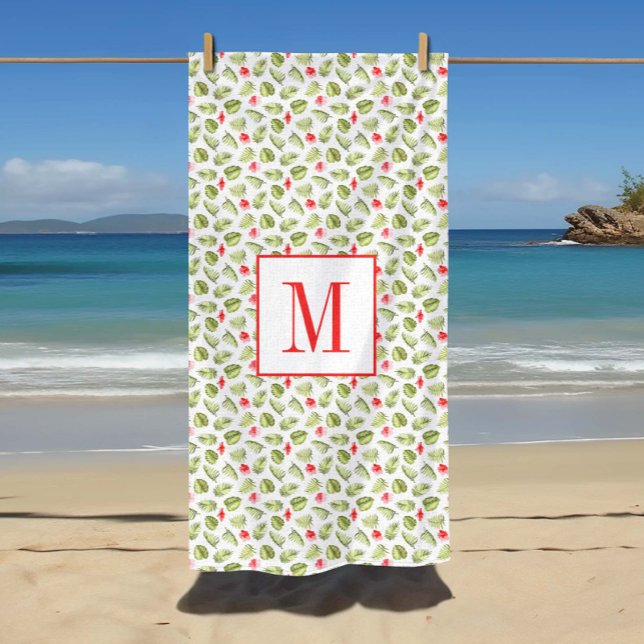 Pink Monogrammed Tropical Palm Leaves Pattern Beach Towel (Pink Monogrammed Tropical Palm Leaves Pattern Beach Towel)