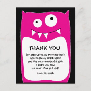 Pink Monster Bash Thank You Card (Flat)