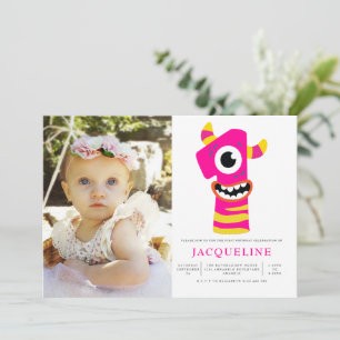 Pink Monster Girls 1st Birthday Party Photo Invitation