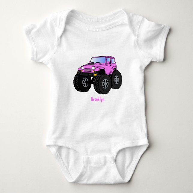 Pink monster truck cartoon illustration baby bodysuit (Front)