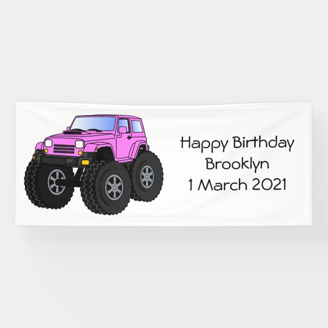 Pink monster truck cartoon illustration banner (Horizontal)