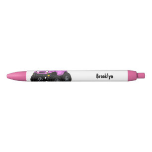 Pink monster truck cartoon illustration black ink pen