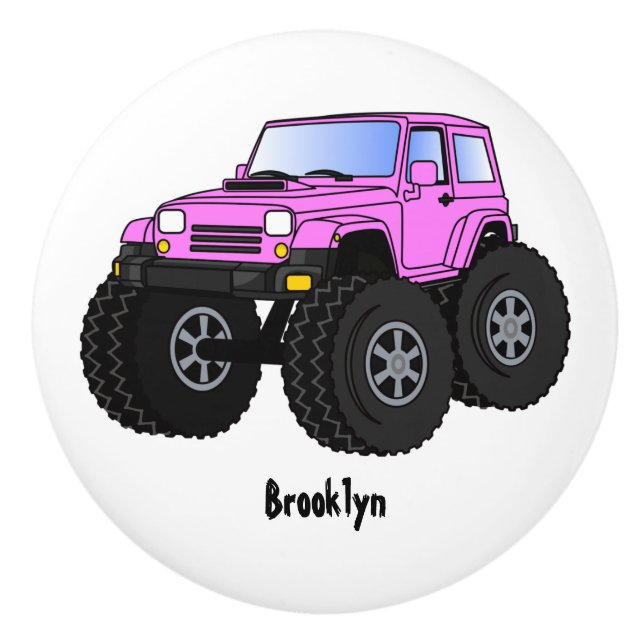 Pink monster truck cartoon illustration  ceramic knob (Front)