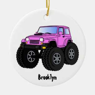 Pink monster truck cartoon illustration ceramic ornament