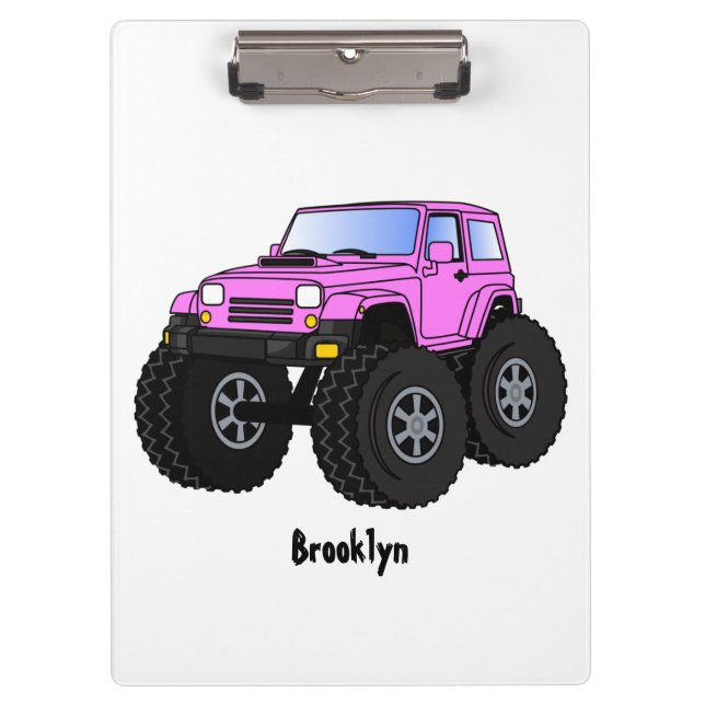 Pink monster truck cartoon illustration  clipboard (Front)