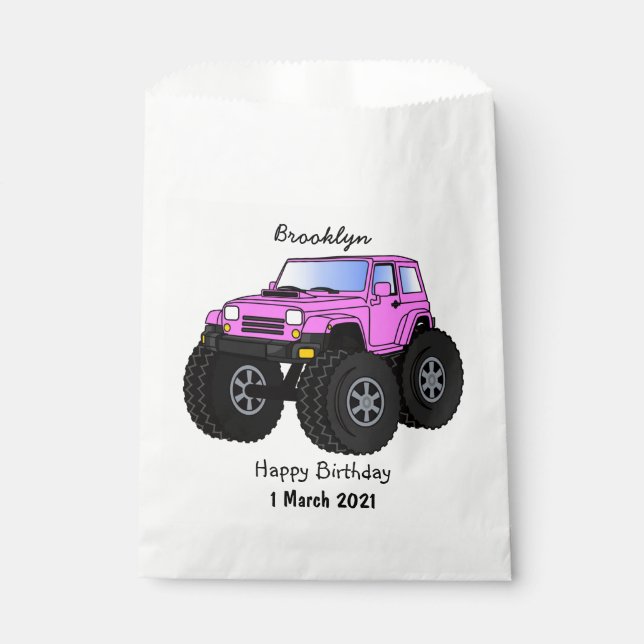 Pink monster truck cartoon illustration favour bag (Front)