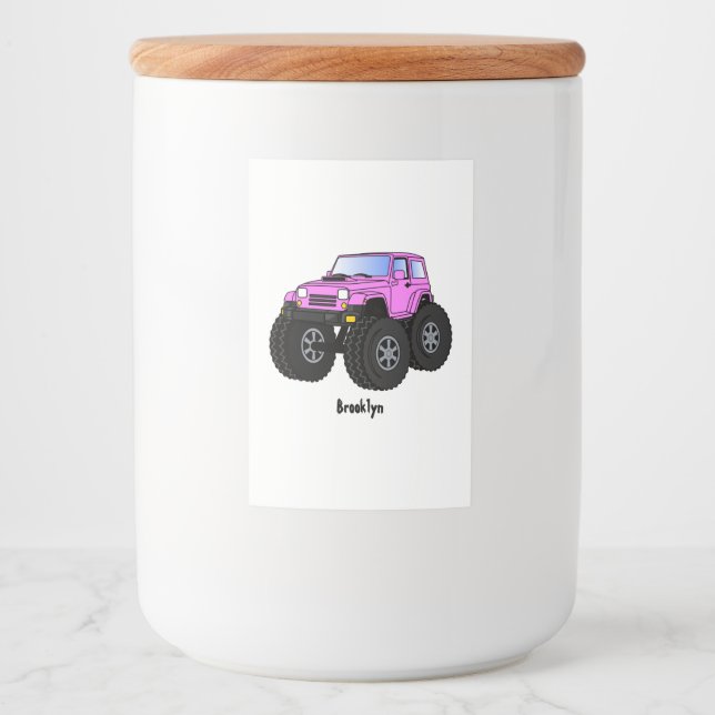 Pink monster truck cartoon illustration food label (Front)