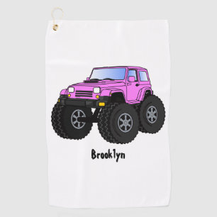 Pink monster truck cartoon illustration golf towel
