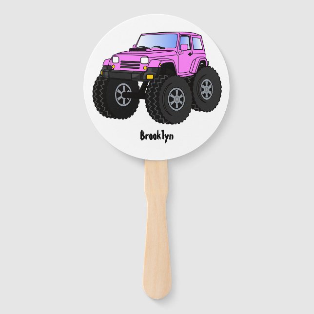 Pink monster truck cartoon illustration hand fan (Front)