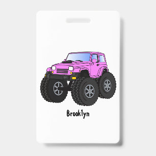 Pink monster truck cartoon illustration ID badge