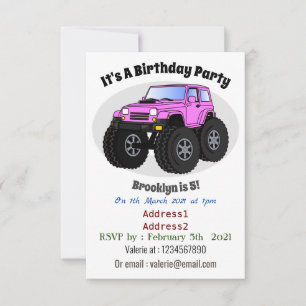 Pink monster truck cartoon illustration invitation