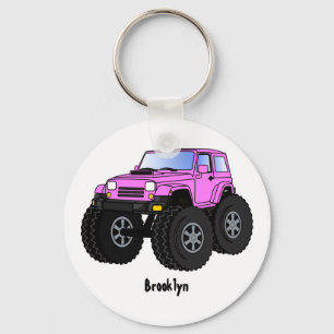 Pink monster truck cartoon illustration key ring
