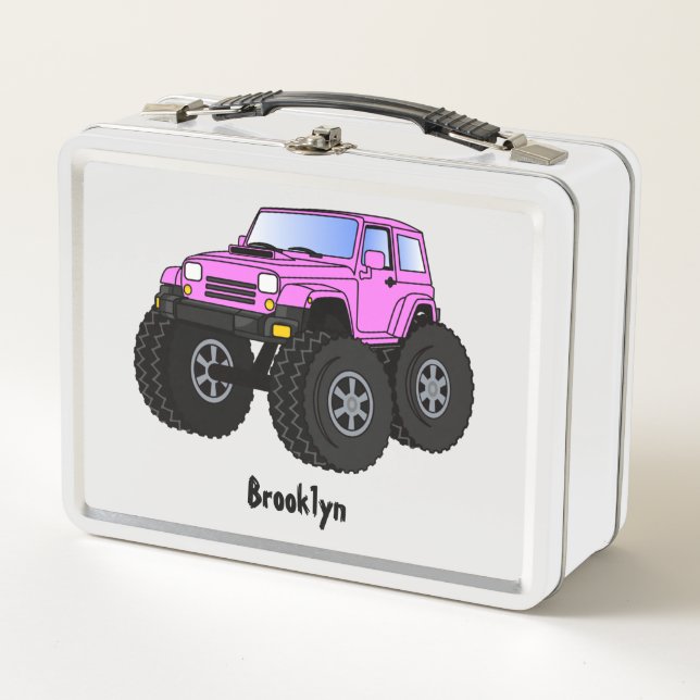 Pink monster truck cartoon illustration metal lunch box (Front)