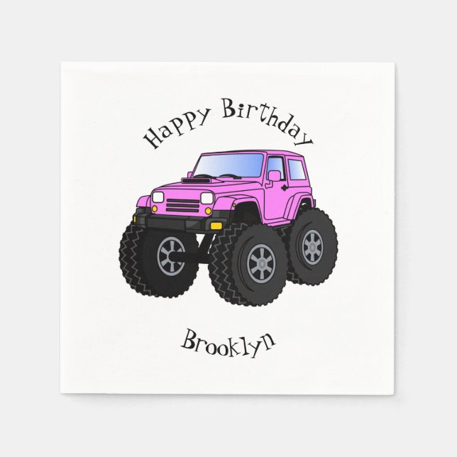 Pink monster truck cartoon illustration napkin (Front)