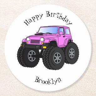 Pink monster truck cartoon illustration round paper coaster