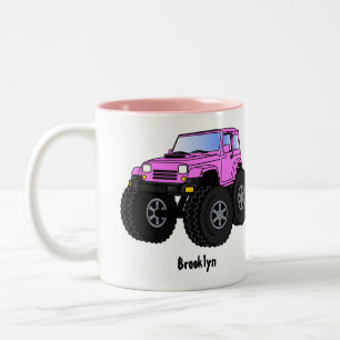 Pink monster truck cartoon illustration Two-Tone coffee mug