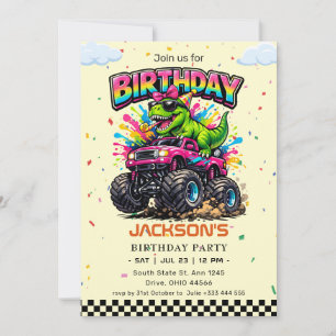 Pink Monster Truck & T-Rex Rainbow Birthday  Invitation