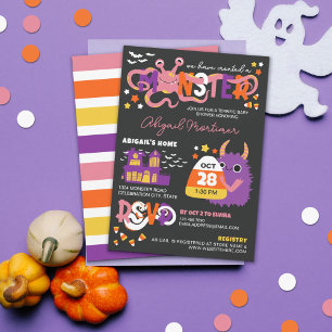 Pink Monster Typography Halloween Baby Shower Invitation