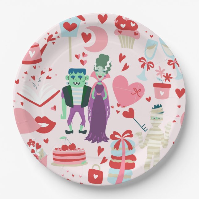 pink monster valentines bride frankenstein mummy paper plate (Front)