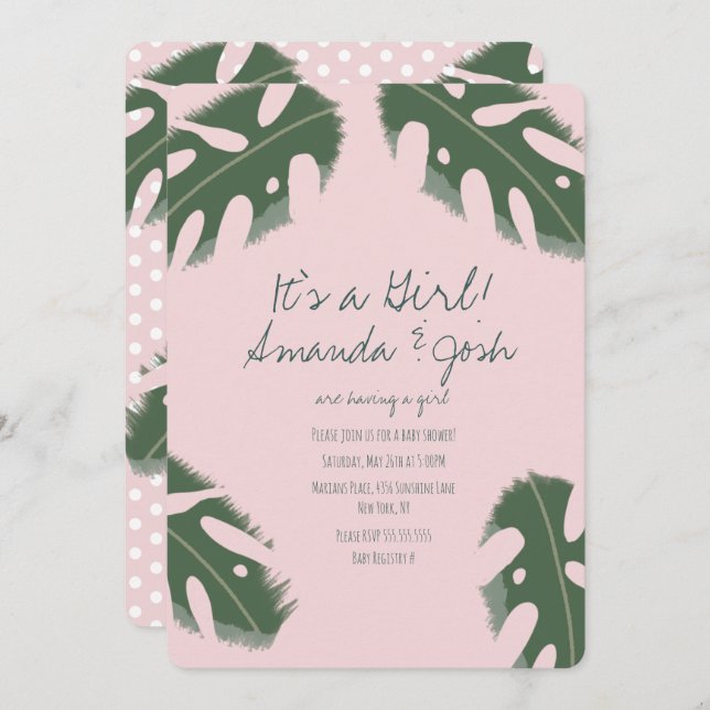 Pink Monstera Tropical Girls Greenery Baby Shower Invitation (Front/Back)