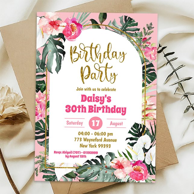 Pink Monstera Tropical Hawaiian Birthday Party Invitation (Creator Uploaded)