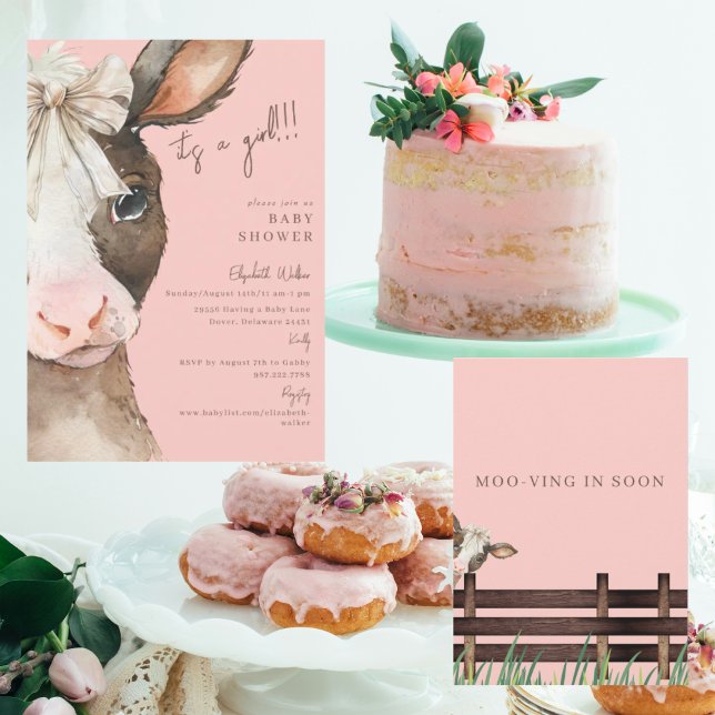 Pink Moo-ving in Soon Cow with Bow Baby Shower Invitation (Creator Uploaded)