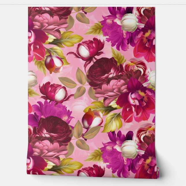 Pink Moody Florals Maximalist Flower Garden Wallpaper (Unrolling)