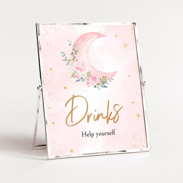 Pink Moon and Stars Baby Shower Drinks Poster (Twinkle Little Star Baby Shower Drinks Sign)