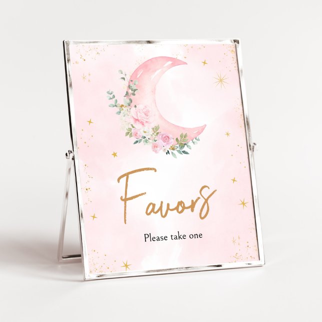 Pink Moon and Stars Baby Shower Favours Poster (Twinkle Little Star Baby Shower Favors Sign)