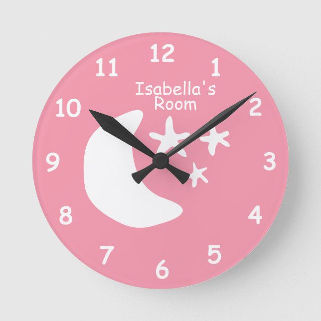Pink moon and stars kids bedroom nursery custom round clock (Front)