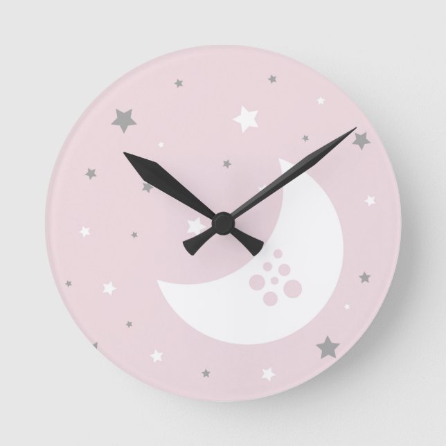 Pink Moon and Stars Round Clock (Front)