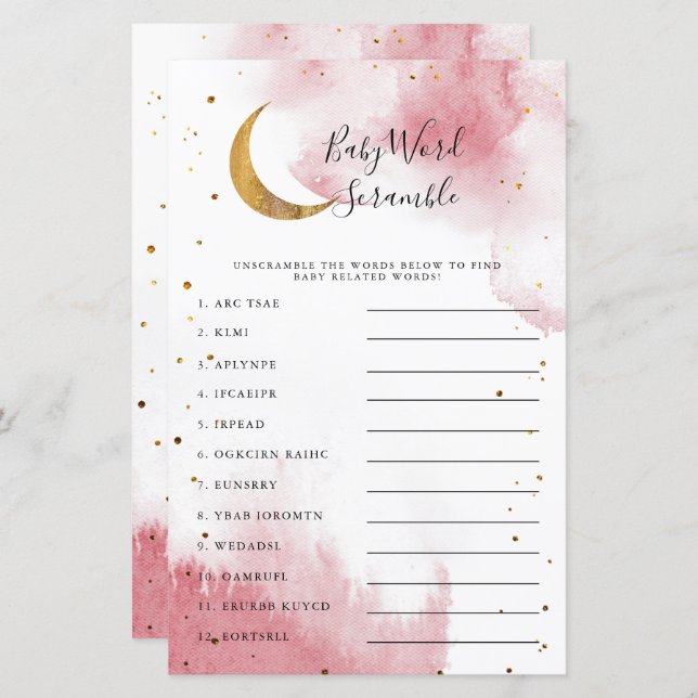 Pink Moon Baby Shower Word Scramble Game (Front/Back)
