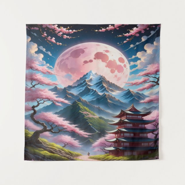 Pink Moon & Cherry Blossom Pagoda: Intricate Anime Tapestry (Front)