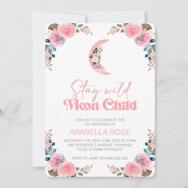Pink Moon Child Girls Birthday Invite Invitation (Front)