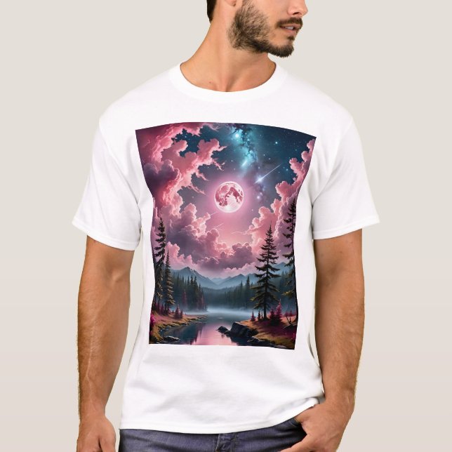 Pink Moon Fantasy Dreamy Night Sky Landscape Tee (Front)