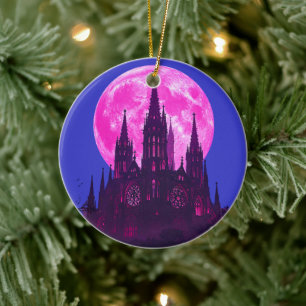 Pink Moon Gothic Cathedral Ceramic Ornament