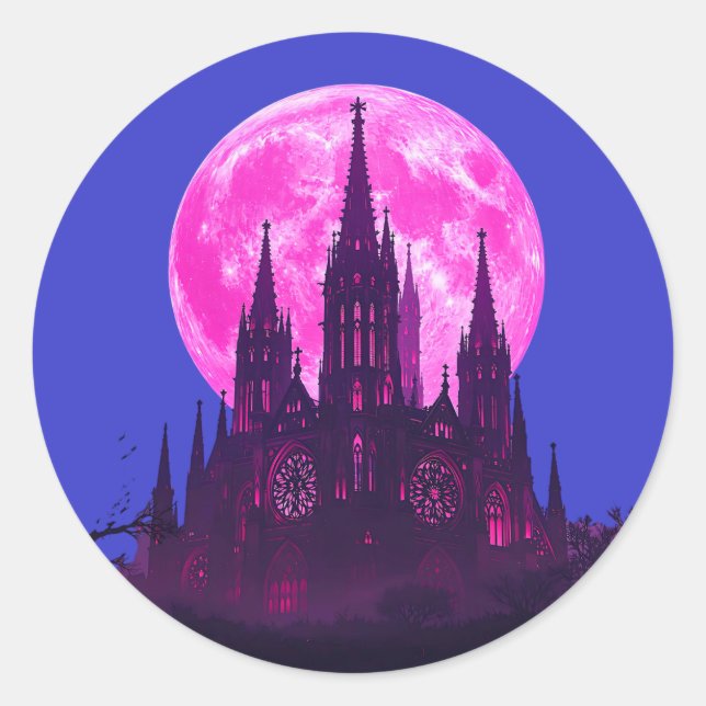 Pink Moon Gothic Cathedral  Classic Round Sticker (Front)