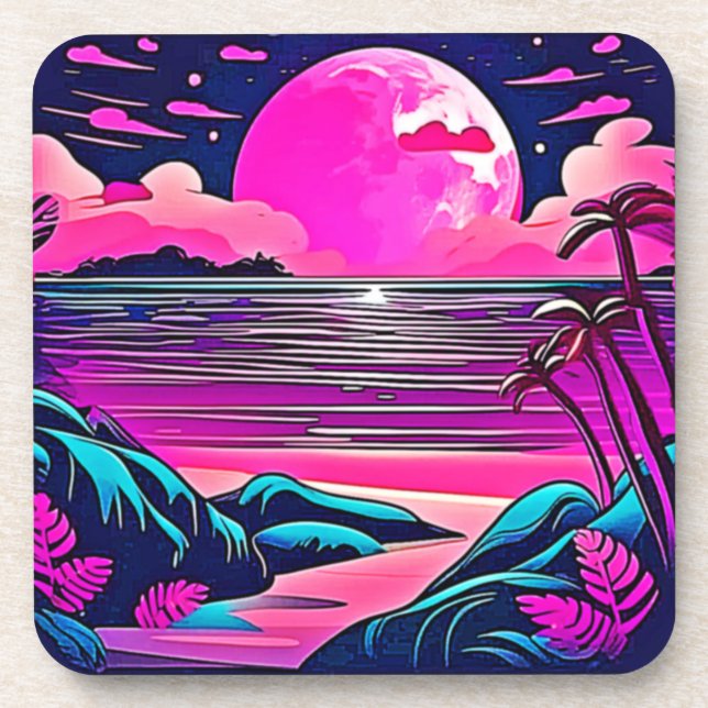 Pink Moon Neon Beachscape Coaster (Front)